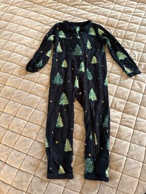 Kyte BABY Black Boho Christmas Romper with Green Tree and Gold Star Details